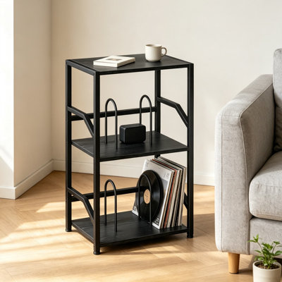 Support pour tourne-disque avec rangement pour disque vinyle, table tournante avec séparateurs amovibles, table de bout à 3 niveaux pour le salon, la chambre à coucher, finition noire industrielle