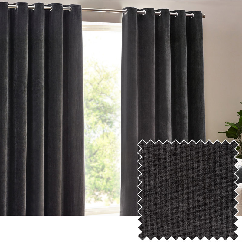 Heavy Chenille Room Darkening Eyelet Curtains, Charcoal, 168cm Width x 137cm Drop