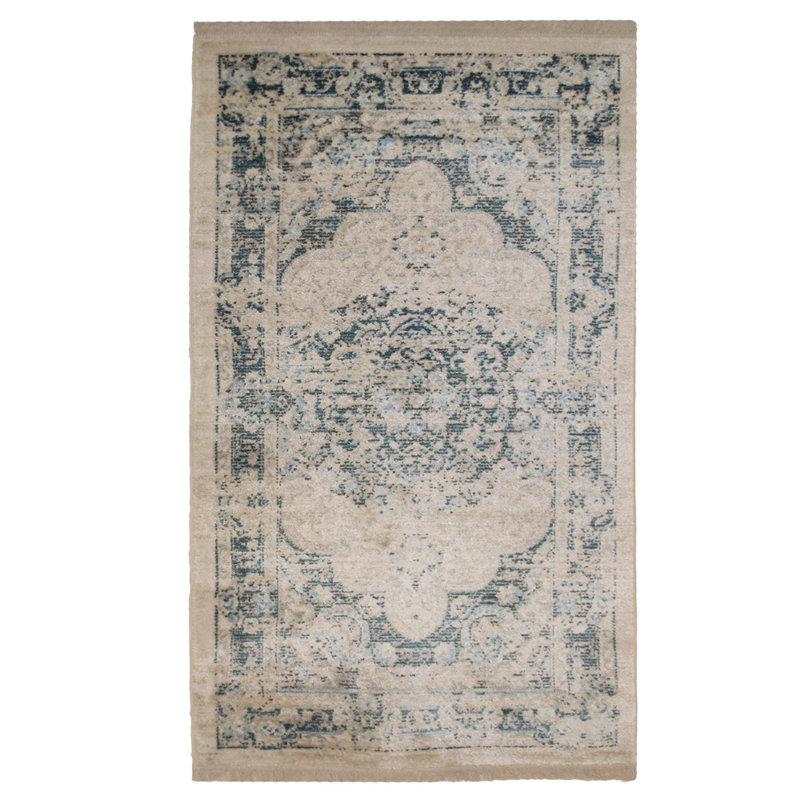 Tapis bleu / beige en polyester oriental tissé à la machine 2 pi x 3 pi 10 po, Rectangle 2 pi x 3 pi 10 po