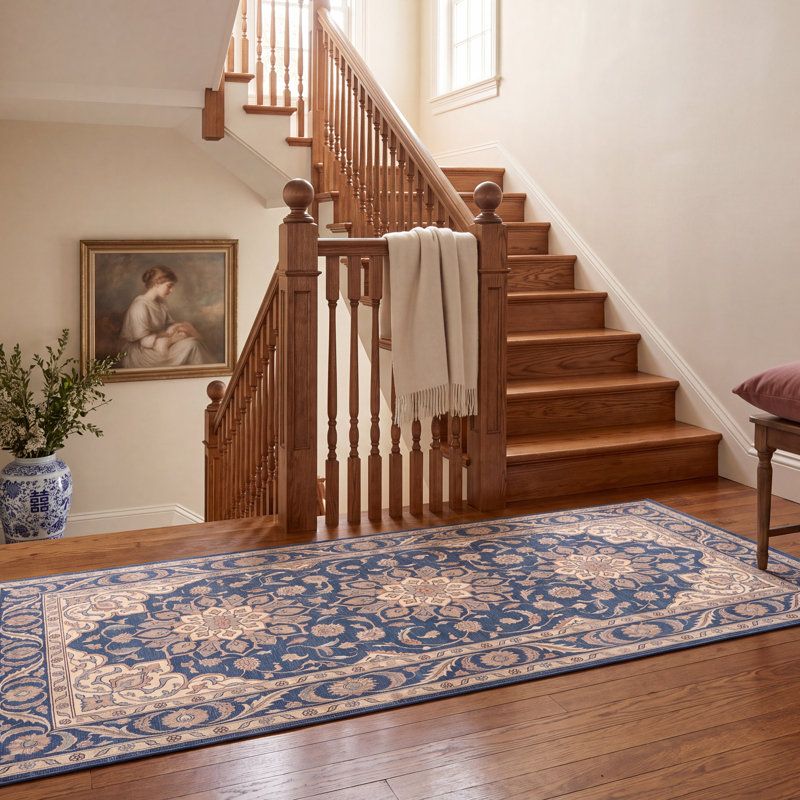 Tapis persan traditionnel audacieux en acacia, bleu marine, ivoire, or, vert et rose, lavable à la machine, antidérapant, à poils courts, adapté à l'intérieur et à l'extérieur, pour salon, chambre, salle à manger, entrée, couloir, bureau.