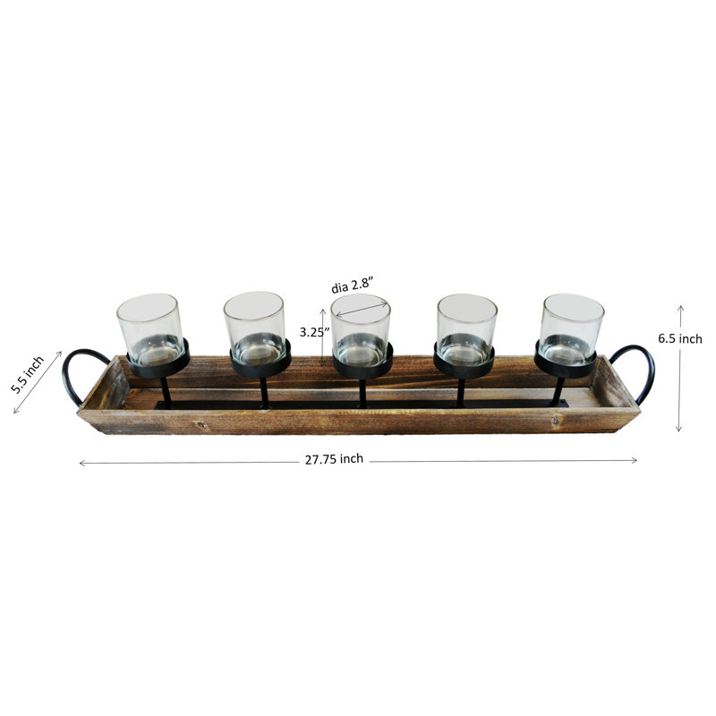 5-Pillar Candelabra Centerpiece with Glass Cups and Rustic Wood Tray