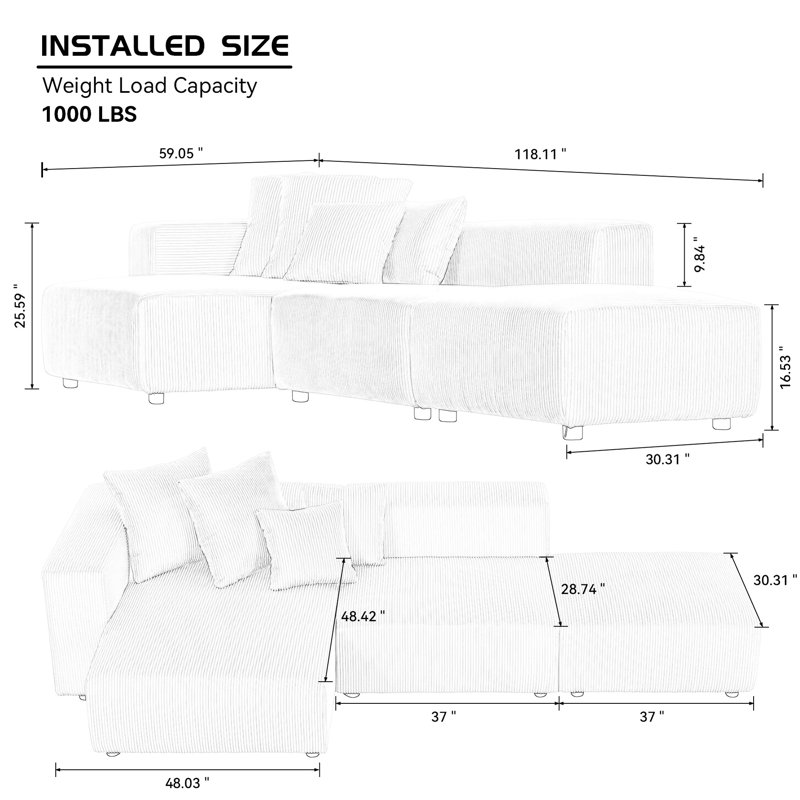 Canapé modulaire gris en velours côtelé gris, style moderne, Gris