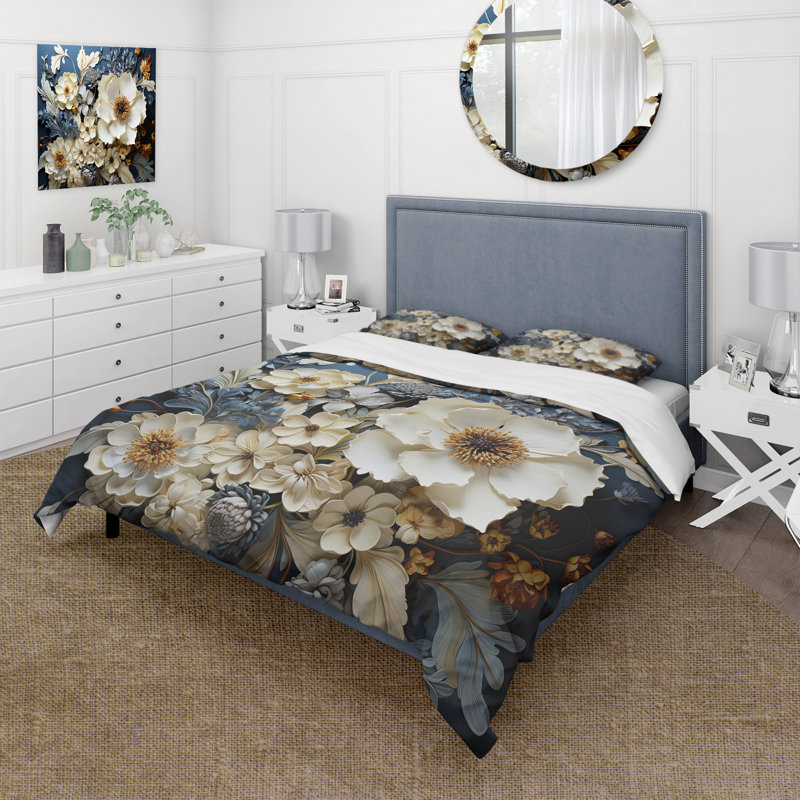 Ensemble de housse de couette en microfibre / polyester blanc et bleu, Housse de couette pour grand lit et 2 taies décor