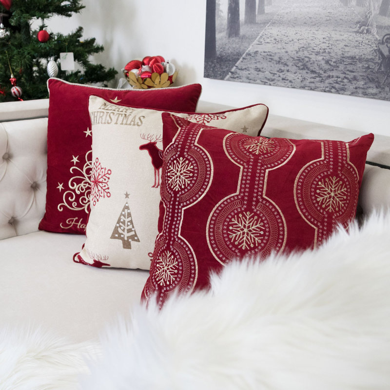 Coussin décoratif rouge en velours brodé, motif de fêtes, avec garniture, 50 x 50 cm, lot de 2