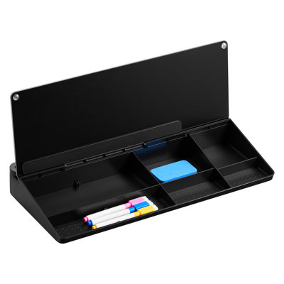 Tableau blanc de bureau en verre effaçable à sec (40 x 18 x 5 cm) avec compartiment de rangement, base antidérapante, design incliné pour plus de confort, idéal pour le bureau, la maison et les fournitures scolaires, noir.