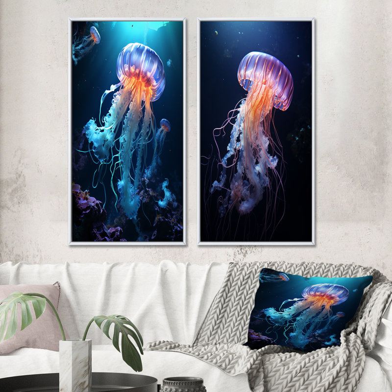 Jellyfish Luminescent Beauty - Art mural, ensemble de 2 - Reproduction d'art mural animaux pour décoration de bureau
