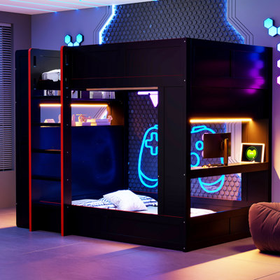 Lit superposé double en bois pleine grandeur avec bureau, tablettes de rangement, lumières DEL et station de charge, noir
