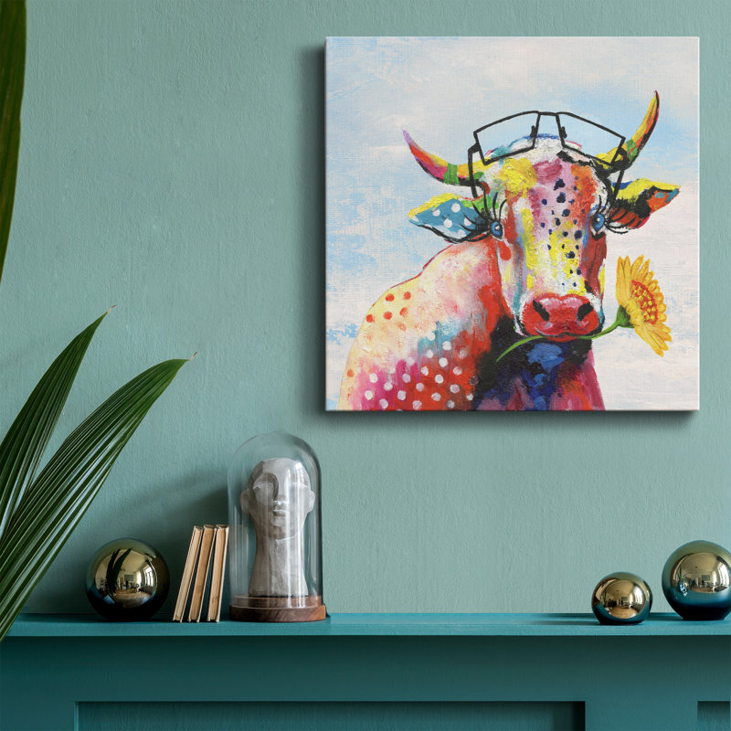 «Groovy Cow and Sky» - peinture sur toile tendue, H 10 po x l 10 po x P 1,5 po
