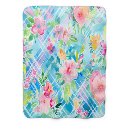 Plaid Watercolor Flowers - 1 Piece Premium Sherpa Blanket