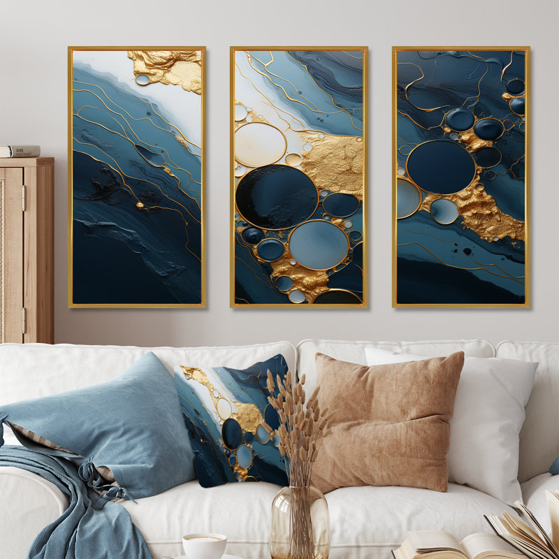 Or et marbre bleu Essence magique III - décoration murale en marbre, Cadre flottant doré, H 28 po x l 36 po x P 1 po