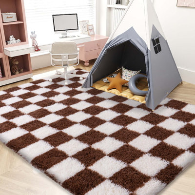 Tapis à carreaux moelleux à carreaux lavables à poils longs 6 x 9 pi pour chambre à coucher Tapis de couloir écossais Tapis à poils longs antidérapant pour enfants
