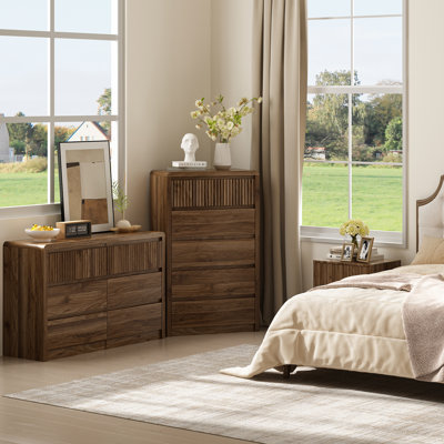 2 Pieces Bedroom Set, 6 Drawer Dresser and 48.4" W Tall Chest with 5 Drawer, Walnut Bedroom Stroage Set