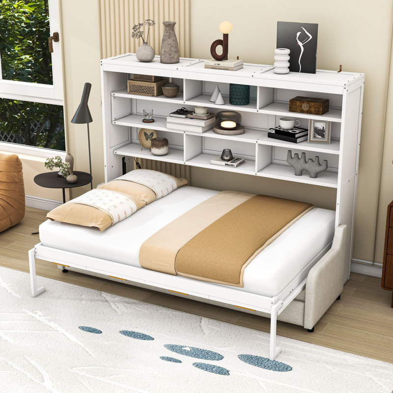 Lit escamotable en bois avec canapé pliant, tablettes, éclairage DEL et verrou de sécurité, Double