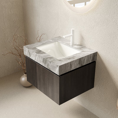 Muri 24" Bathroom Vanity&Sink, Floating Plywood Storage Cabinet With 2 Doors, Light Gray Sintered Stone Top&Ceramic Basin With 1 Pre-Drilled Faucet Hole, Pre-Assembled, Espresso Woodgrain Color