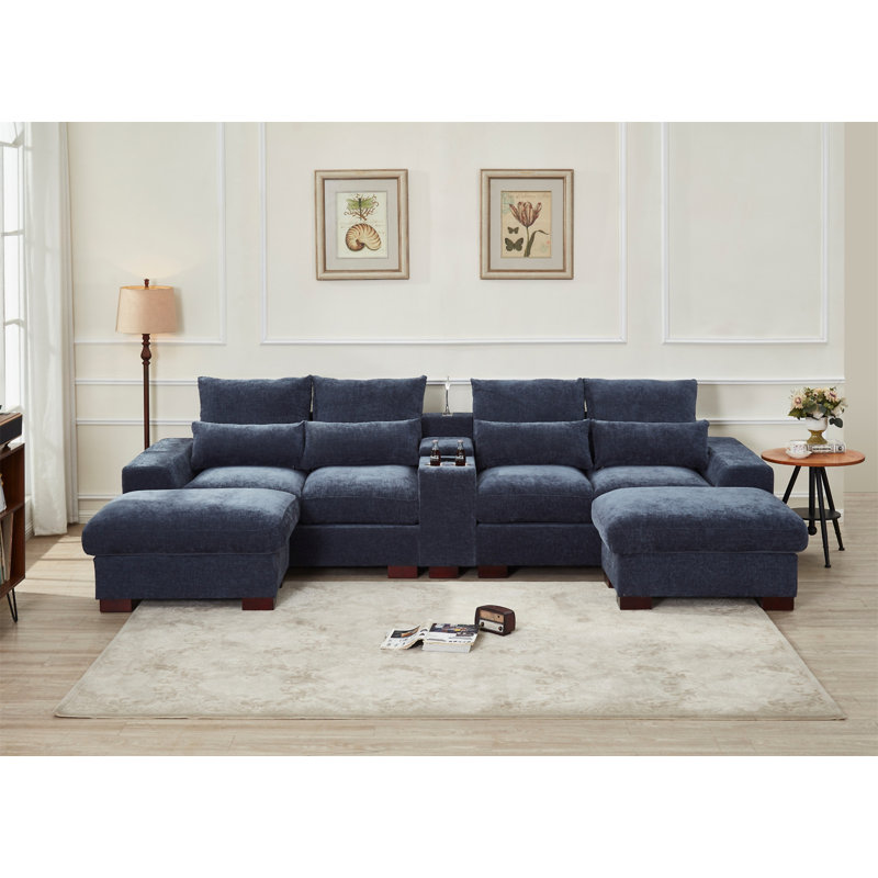 Modern Sectional Sofa Couch With Console, Dark Gray Fabric