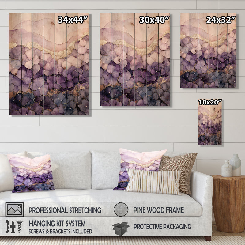 Aura mauve d'hortensias III - hortensia, art mural sur bois de pin naturel, H 20 po x l 10 po