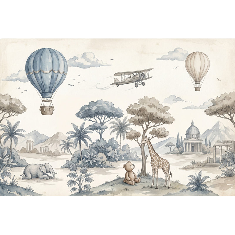 Papier peint fantaisiste avec aquarelle et montgolfières, 140 po x 108 po, Peler et coller