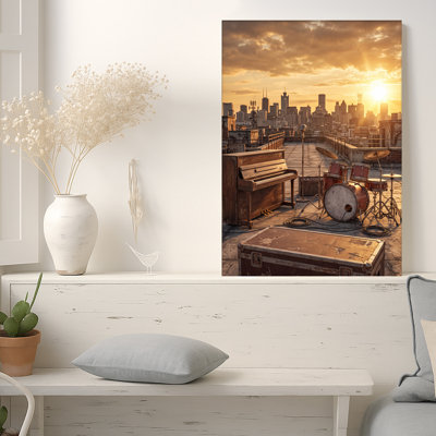 Piano And Drum Set On Rooftop Golden City Skyline At Sunset Canvas Wall Art