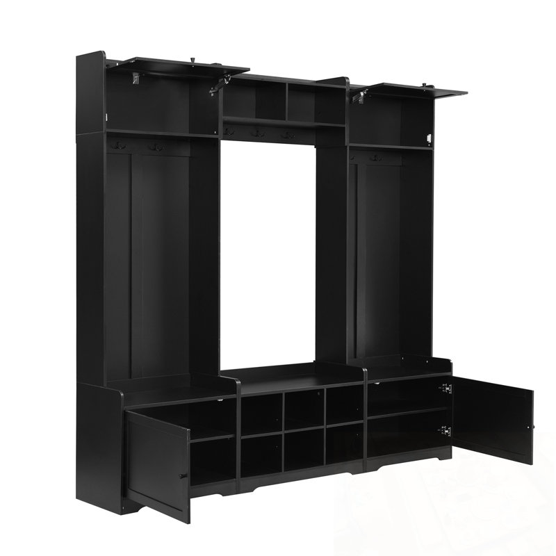 Hall Tree With Shoe Storage, 7 Coat Hooks And Adjustable Shelf, Black