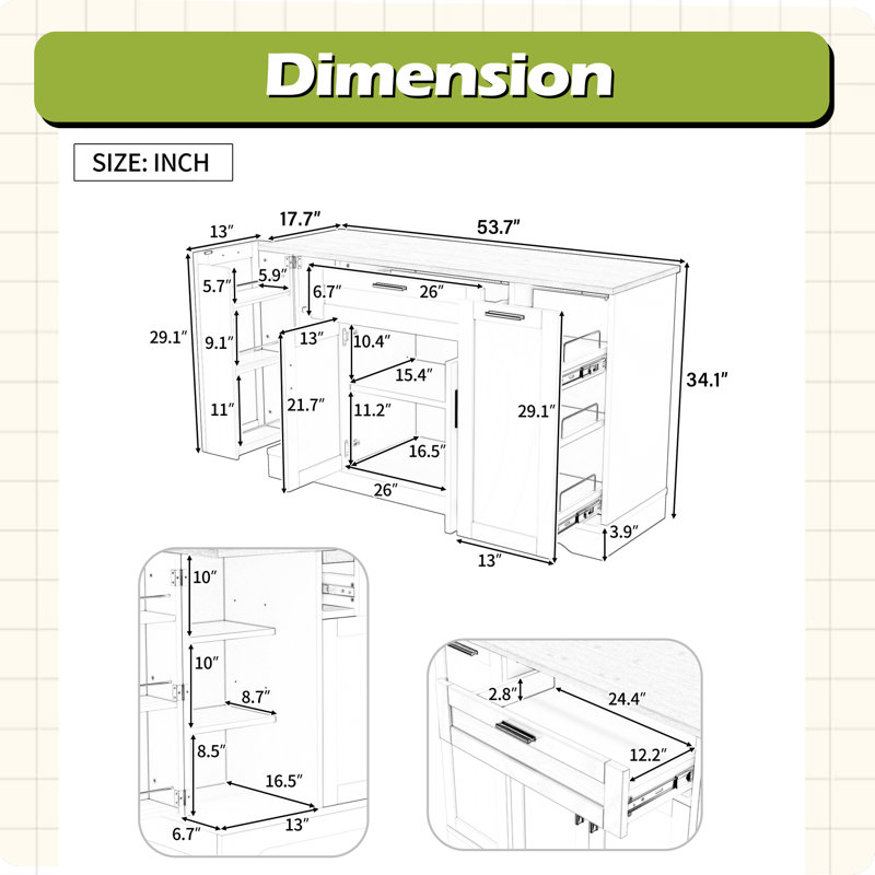 Buffet de rangement multifonctionnel, table de salle à manger extensible, tablettes réglables, support coulissant à 3 niveaux, rangement pour îlot de cuisine, salle à manger