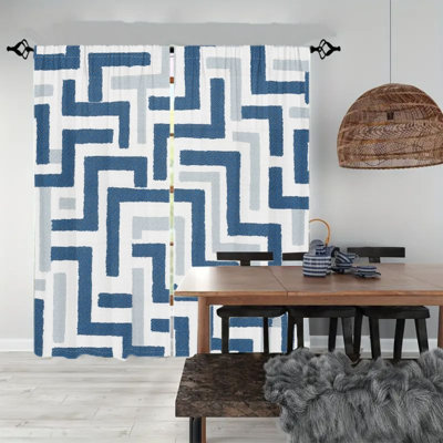2Pcs Abstract Geometric Pattern Curtains, Modern Blue and White Zigzag Design  Light Filtering Curtain For living bedroom Kitchen Rod Pocket Window Drapes