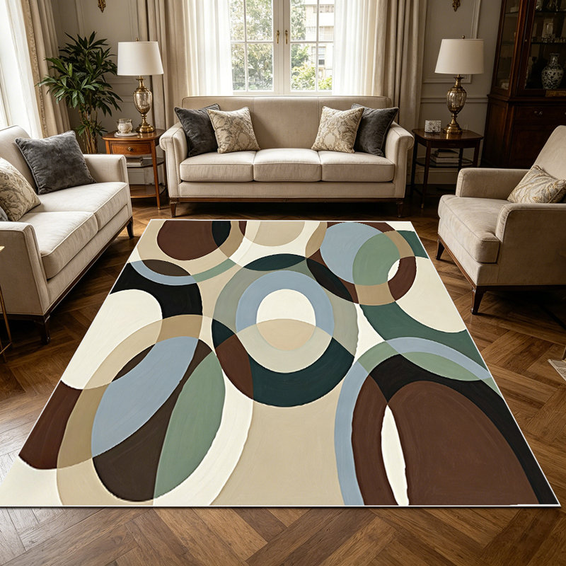 1PC overlapping semi-circular geometric abstract earthy neutral tone area rugs for Living Room, Soft, All seasons, Easy-maintain, Washable Indoor mat, Farmhouse suitable for for dining table area, bedroom, entryway...
