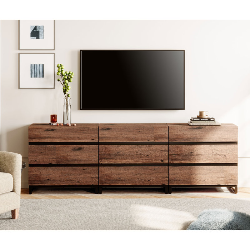 Meuble télé moderne pour téléviseur de 100 po ou moins, meuble télé avec 9 tiroirs et base en métal, console multimédia pour le salon, la chambre à coucher, brun