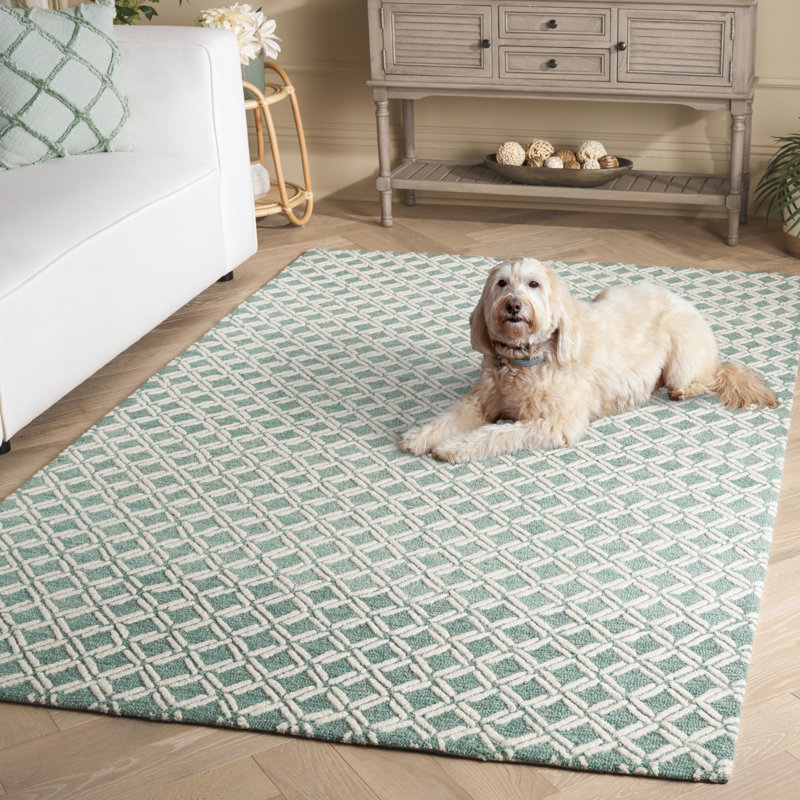 Ivory and Light Blue Geometric Handmade Wool Tufted Rug 4' x 6'