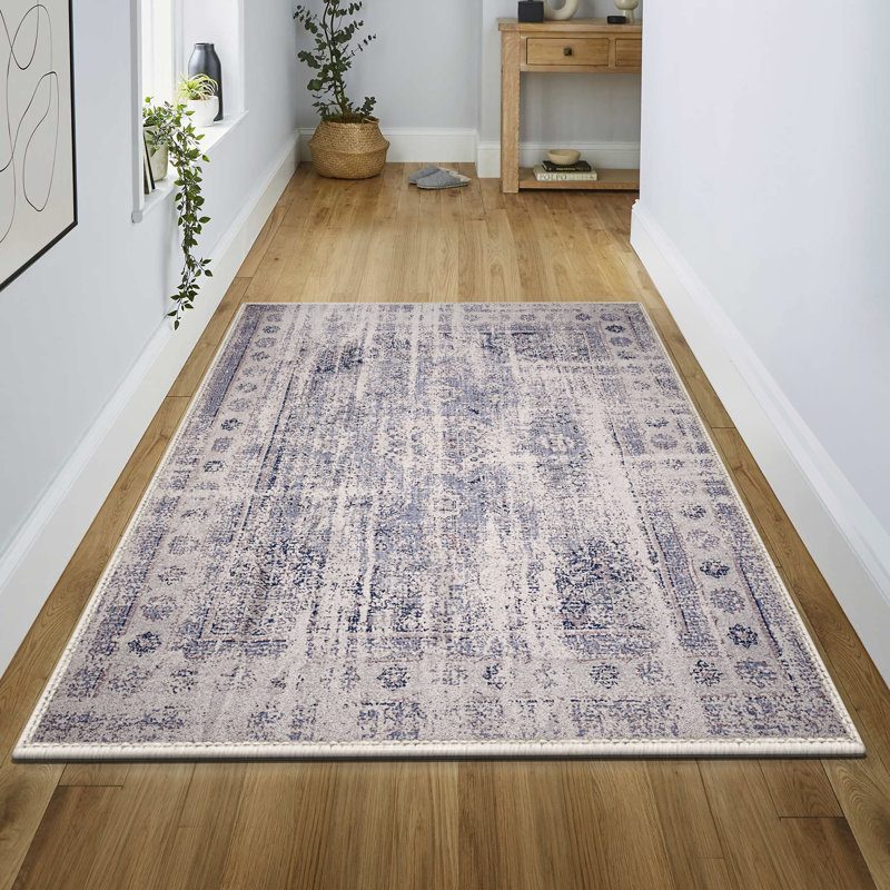 Sorbus Welcome Mat Rug for Entryway, Machine Washable, Non-Slip, Vintage Rug - Blue (Border), 3 x 5 Ft., Rectangle 3' x 5'