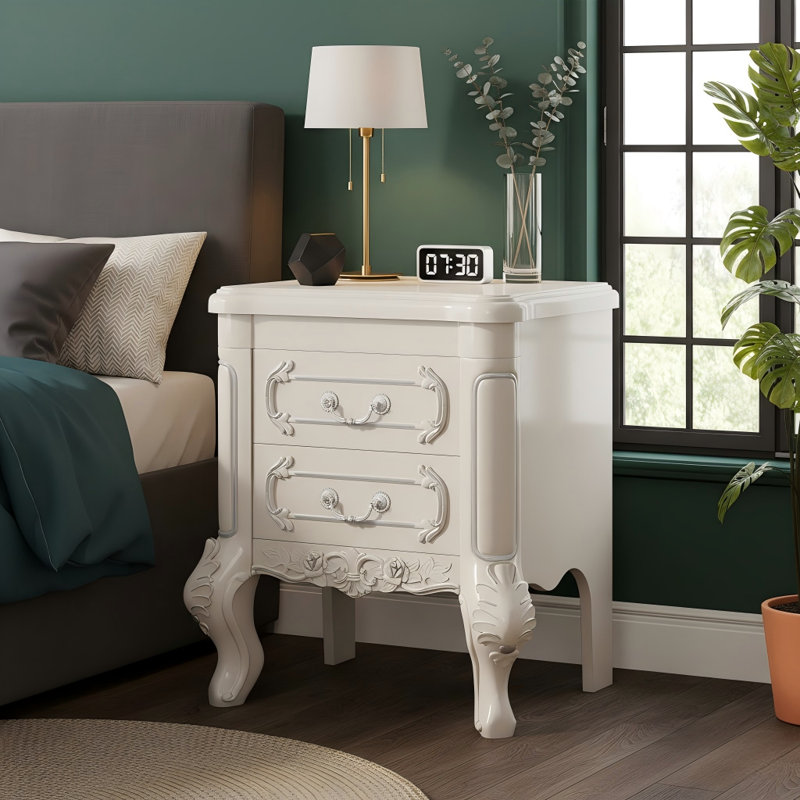 Carved Nightstand, Bedside Table End Table with 2 Drawers