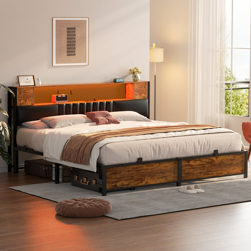 Kalder Bed Frame with LED Light and Charging Station, Metal Frame with Storage Headboard, Large Storage Space, No Spring Box Needed