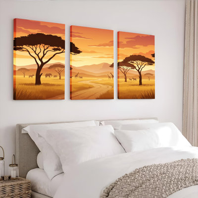 African Savanna Sunset Landscape Canvas Wrapped Wall Art Set Of 3