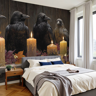 Peel and Stick Wallpaper Halloween Black Raven Candles Gothic Dark Moody Bird Witchy Black Crow Wall Murals 100"H x 144"W Removable PVC Wall Paper Self-Adhesive Wall Decor for Bedroom Living Room Home Office