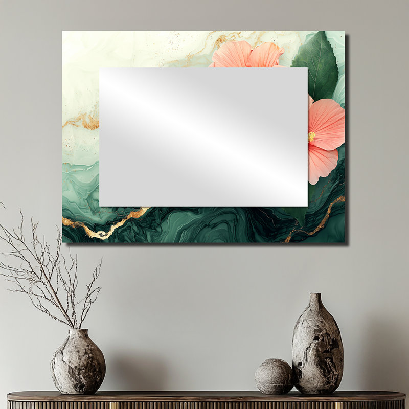 Hibiscus Flowers Field On A Emerald Stone II - Floral Mirror For Wall Art Decor - Printed On Metal, 24" x 32"