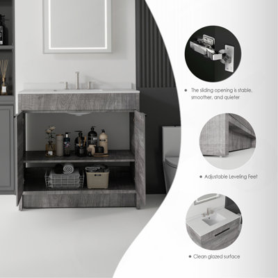 Meuble-lavabo autoportant de 91 cm avec lavabo, porte à fermeture amortie, comptoir et dosseret en marbre reconstitué blanc granit de 1,5 cm, contreplaqué