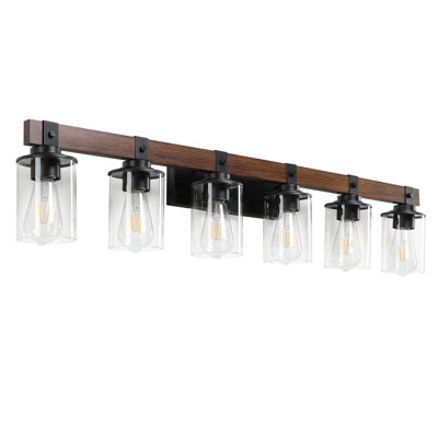 Modern Farmhouse Wood Vanity Light, Solid Wood & Black Metal Bathroom Vanity Lights With Clear Glass Shade