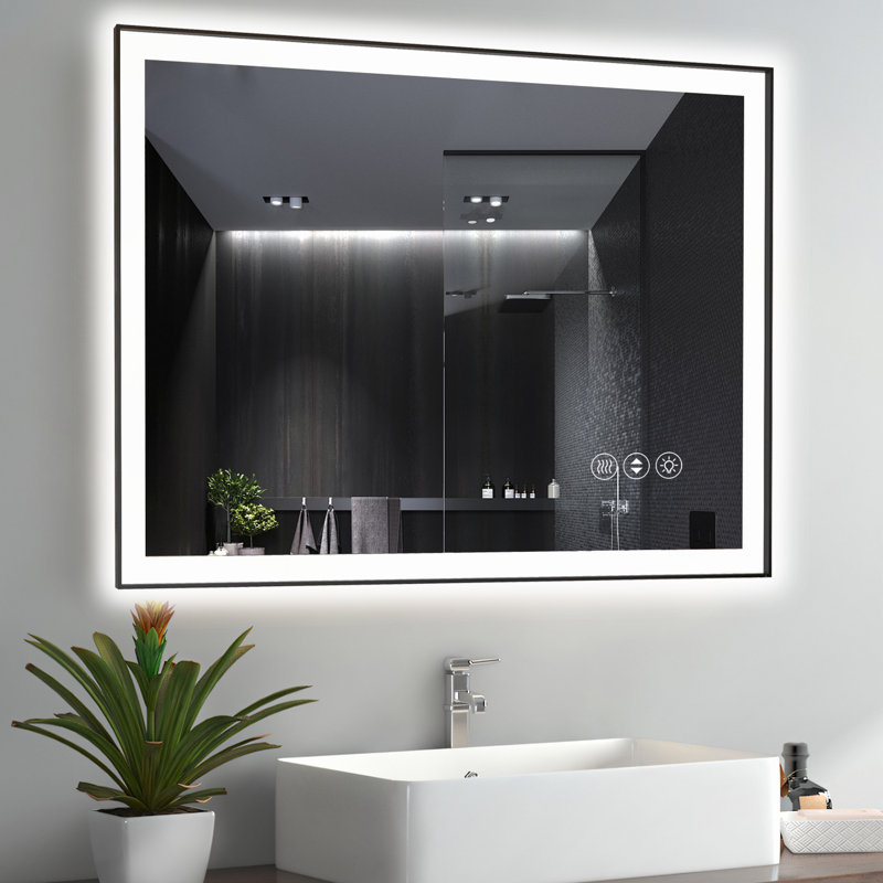 Miroir de salle de bain moderne sans cadre avec fonction de désembuage et lumière réglable, Rectangulaire, Horizontale