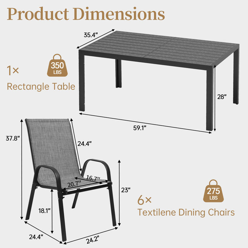 6 - Person Outdoor Patio Dining Set, 59.1'' Hdpe Dining Table & Stackable Chairs , All Weather Dining Set For Lawn, Garden, Backyard