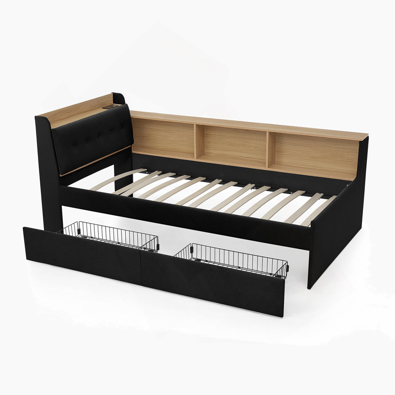 Day Bed With Storage Headboard And Wireless Charging, Daybed With Two Storage Drawers, LED Light, Black