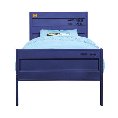 Cargo Style Blue Twin Bed, Metal Frame Panel Bed With Recessed Panels, 21 Slats, No Box Spring Needed, Low Profile Fb, Straight Leg, 25 X 50mm Iron Plate Frame, 330lbs Weight Capacity, 79in Long,