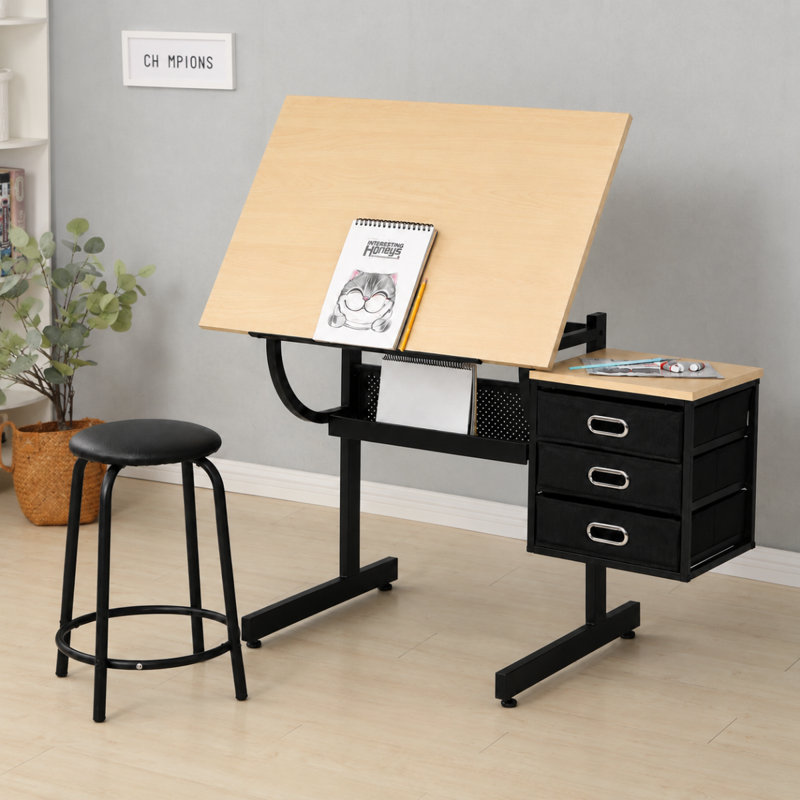 Maple tabletop  Adjustable drafting  drawing table for Crafting, Reading, Writing with stool and 3 Storage drawers