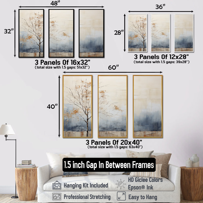 Minimalisme beige et bleu, campagne I - ensemble d'art mural campagne, Cadre flottant noir, H 32 po x l 48 po x P 1 po