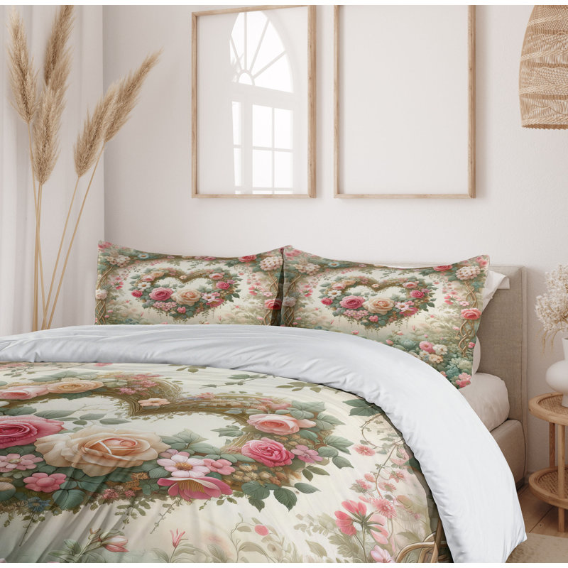 Floral Heart Duvet Cover, California King Duvet Cover + 2 Standard Shams