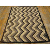 1960s Brown Zig Zag Vintage American Hooked Rug 4' x 6' Flatweave Wool Carpet