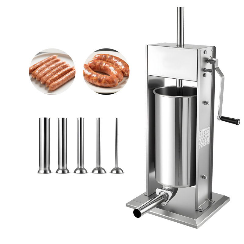 Poussoir à saucisses manuel, 15 L / 33 lb, poussoir à viande vertical, remplisseur à deux vitesses en acier inoxydable avec 5 tubes de remplissage, machine à embouteiller les boyaux de saucisse robuste.