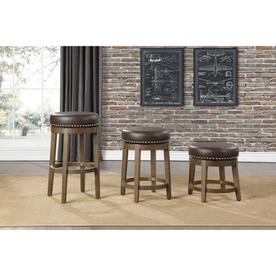 2 tabourets ronds et pivotants, similicuir brun, bois massif, 2 pièces de salle à manger en cuir 360 degrés - garniture cloutée, structure en bois pour l'ameublement de la maison