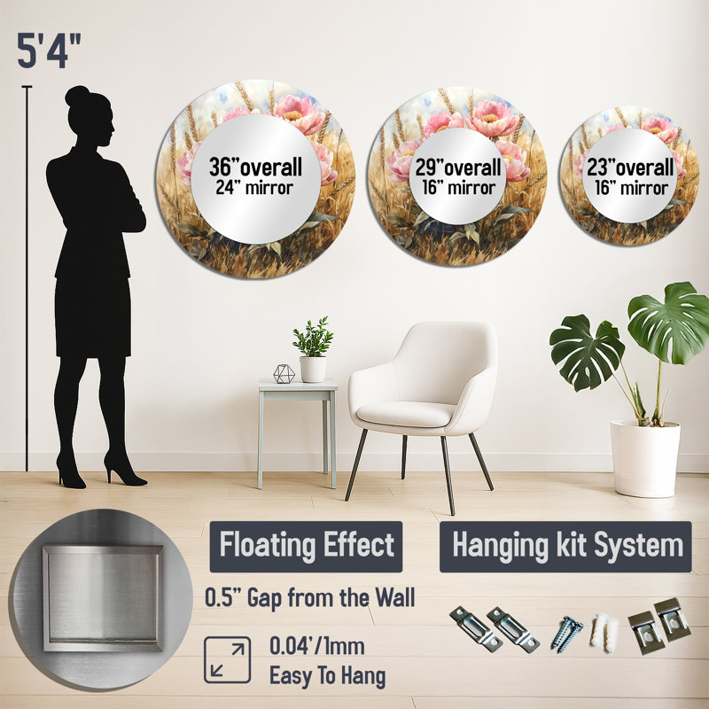 Pivoines dans le champ de blé I - Miroir mural décoratif floral - imprimé sur métal, 29 po x 29 po