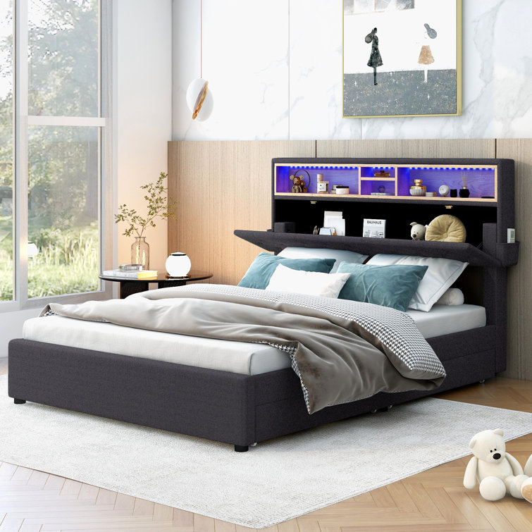 Raul Bed Frame with Drawers, Ergonomic Storage Headboard with Charging Station Trent Austin Design Size: Full