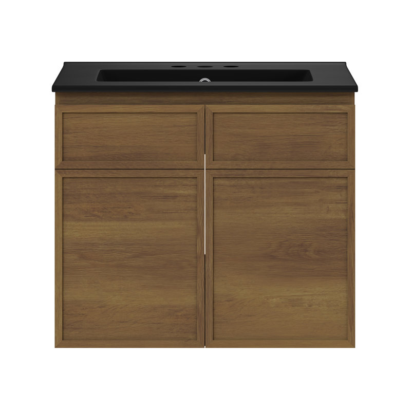 St. Tropez 24" Wall-Mounted Bathroom Vanity In Brown Oak With Black 3-Hole Widespread Sink Top, Black, Brown, 24