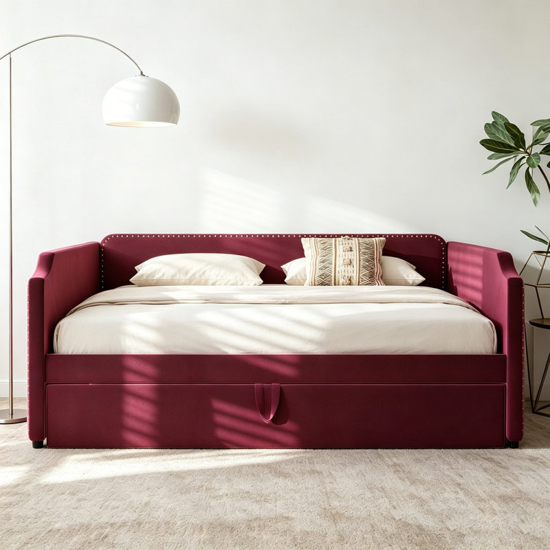 Twin To King Upholstered Daybed With Pop Up Trundle, Wine Red